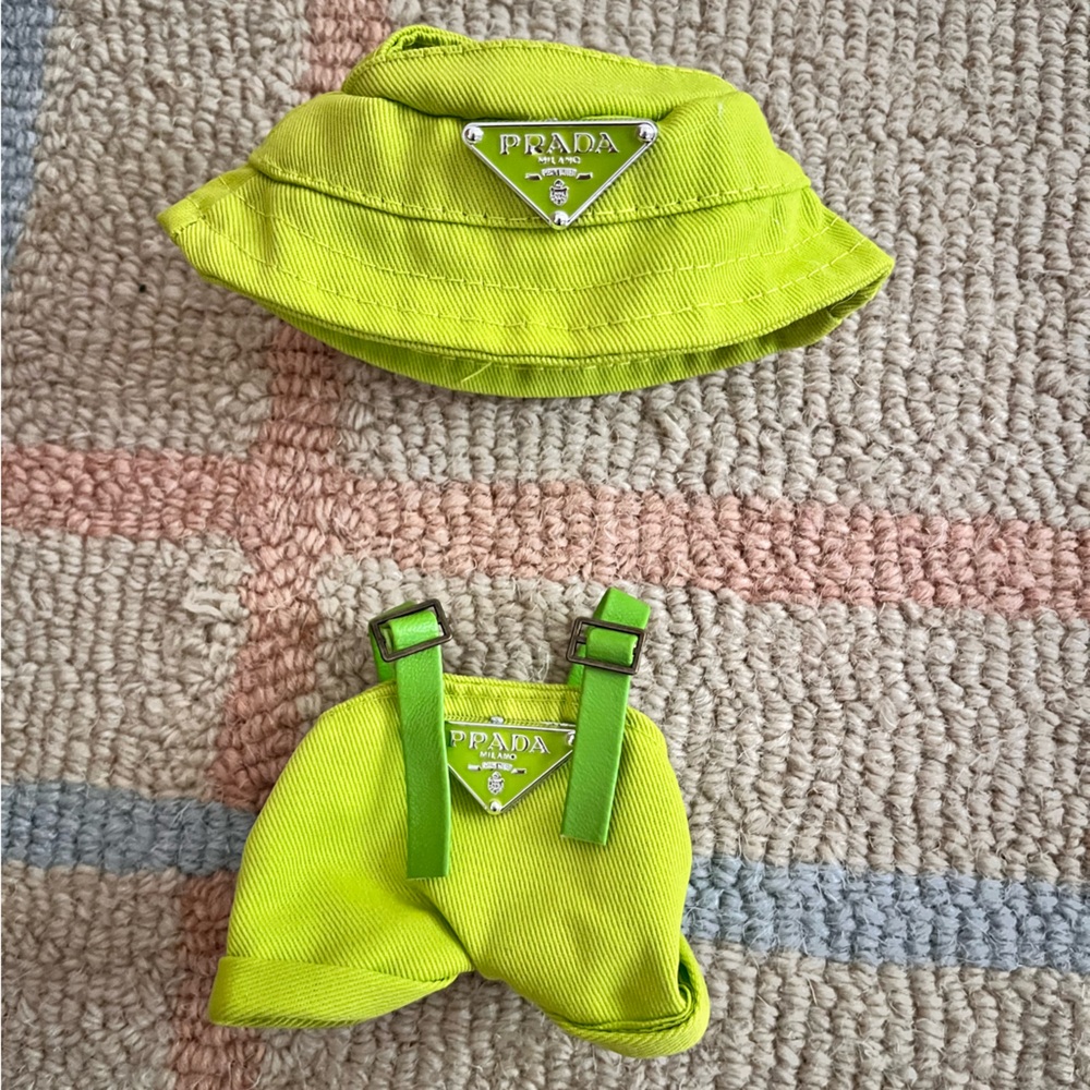 Labubu Doll Prada Lime Green Hat and Suspender Set